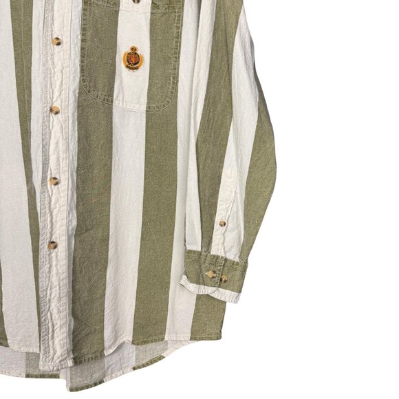Vintage 90s Green White Stripe Cotton Shirt Preppy Button Down Coastal Grandpa - Picture 3 of 10